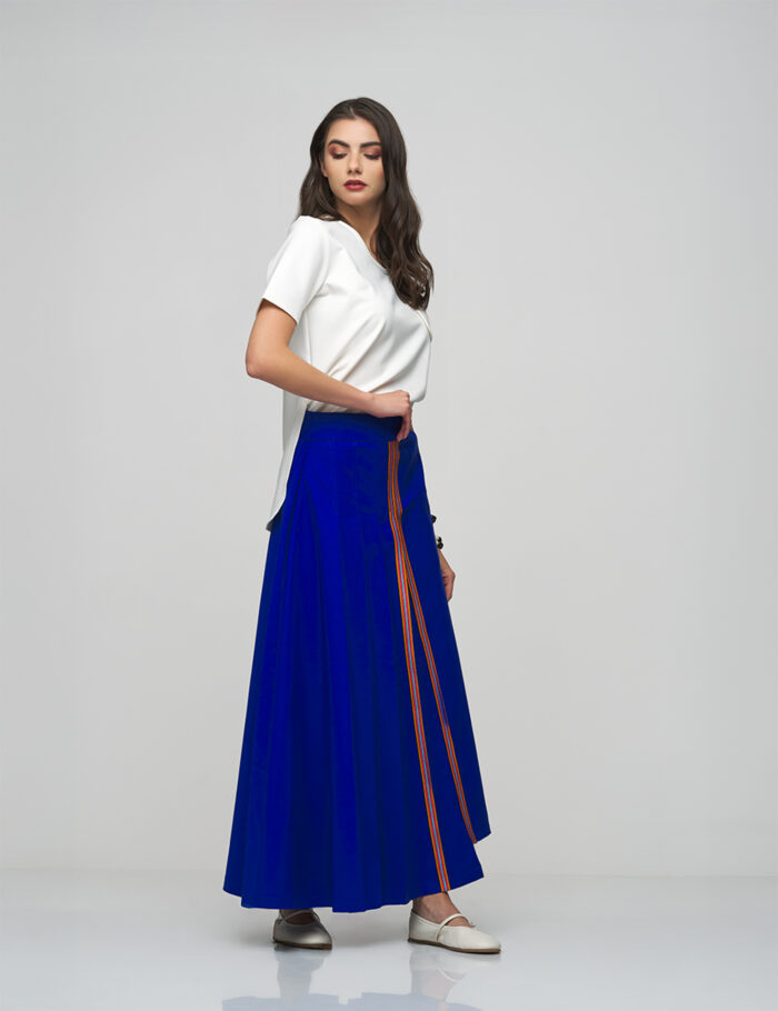 Royal Blue Pleated Skirt with Stripe Detail - Image 3