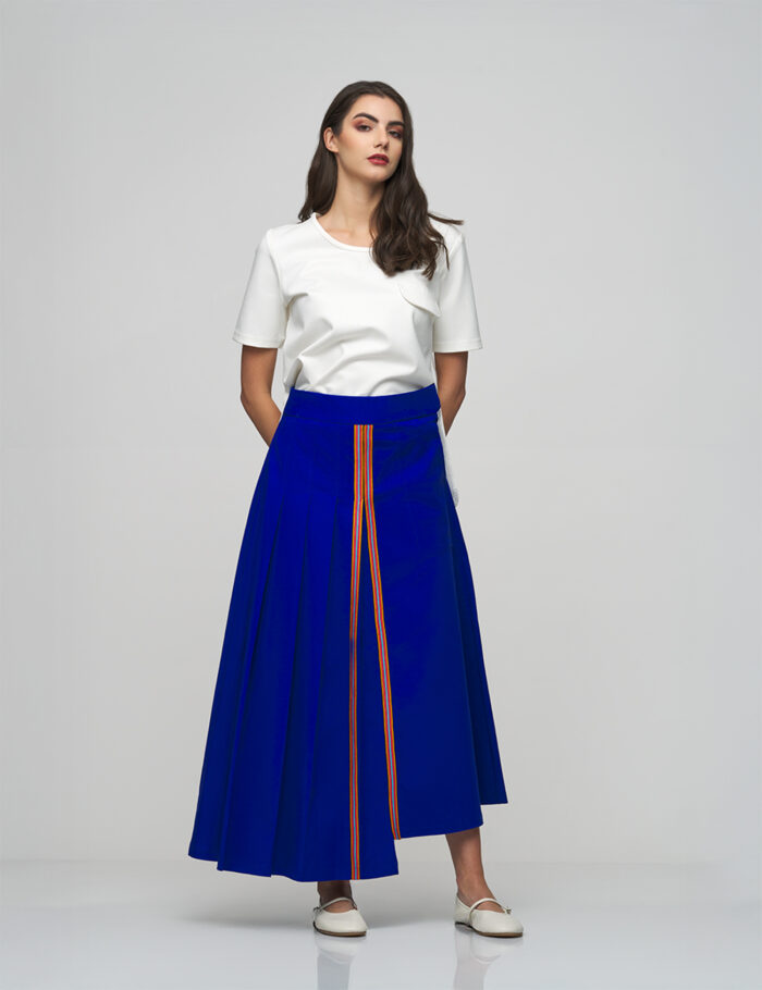 Royal Blue Pleated Skirt with Stripe Detail - Image 1